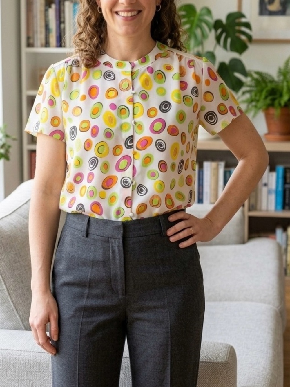 VTG Jacques Vert Retro Abstract Geometric Blouse 80s 90s Mod Colorful Sz Medium